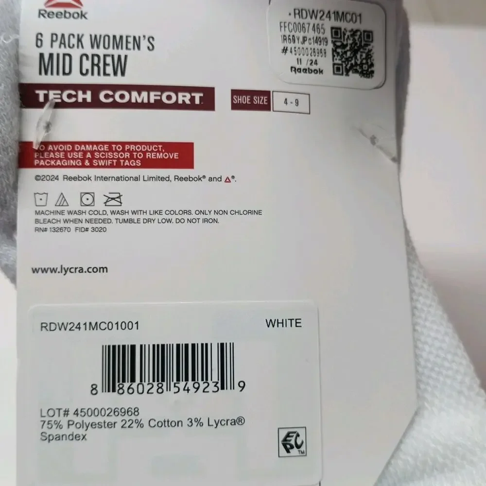 Reebok Tech Comfort Target Cushion Mid‎ Crew Women's Socks Size 4-9 6 Pair